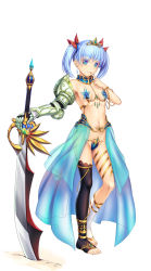 Rule 34 | + +, 1girl, absurdres, asymmetrical legwear, blue eyes, blue hair, breasts, colored eyelashes, gauntlets, highres, looking at viewer, luupechi, navel, original, revealing clothes, short hair, smile, solo, sword, tiara, twintails, uneven legwear, weapon