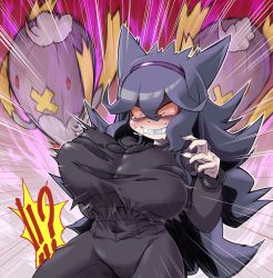 Rule 34 | !?, 1girl, black dress, breast expansion, breasts, colored sclera, constricted pupils, creatures (company), dress, drifblim, game freak, gen 1 pokemon, gen 4 pokemon, gengar, grin, hair between eyes, hairband, hex maniac (pokemon), highres, large breasts, long hair, long sleeves, motion lines, nail polish, nintendo, pokemon, pokemon (creature), pokemon xy, possessed, purple hair, red sclera, smile, solo, sweat, takura mahiro, tears, torn clothes, turtleneck