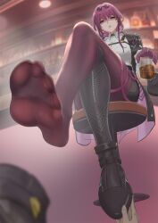 Rule 34 | 1girl, absurdres, bar (place), boots, crossed legs, feet, glass, highres, honkai: star rail, honkai (series), kafka (honkai: star rail), long hair, looking at viewer, open mouth, pantyhose, pink eyes, red hair, shaded face, shoes, soles, steam, sunglasses on head, toes, treadml, unworn shoes