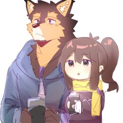Rule 34 | 1boy, 1girl, animal ears, blue jacket, brown eyes, brown hair, brown jacket, chibi, claws, dog boy, dog ears, female protagonist (live a hero), furry, furry male, highres, holding thermos, hood, hooded jacket, jacket, live a hero, ponytail, pubraseer (live a hero), purple eyes, scarf, thermos, wang yzzx, white background, yellow scarf