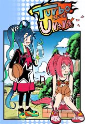 Rule 34 | 2girls, animal ears, ball, bare arms, bare shoulders, basketball (object), black leggings, black shirt, blue eyes, blue hair, blue sky, bottle, bow, carrying, carrying under arm, character name, cloud, commentary request, day, ear bow, emapippi, green hair, hairband, haru urara (umamusume), heterochromia, highres, holding, holding ball, holding bottle, horse ears, horse girl, horse tail, leggings, long sleeves, multicolored hair, multiple girls, petals, pink eyes, pink hair, pink tank top, ponytail, red eyes, red hairband, red shorts, shirt, shoes, short shorts, shorts, sky, sweatband, tail, tank top, tree, twin turbo (umamusume), two-tone hair, umamusume, water bottle, white bow, white footwear, wristband, yellow footwear