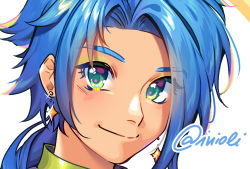 Rule 34 | 1boy, androgynous, artist name, blue-haired boy (how to draw manga), blue hair, blush, closed mouth, cropped, earrings, forehead, glint, green eyes, hair intakes, happy, how to draw manga, how to draw manga redraw challenge (meme), inioli, jaggy lines, jewelry, light blush, long hair, looking at viewer, male focus, meme, ponytail, portrait, sidelocks, signature, simple background, smile, solo, twitter username, white background