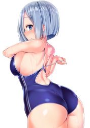 Rule 34 | 10s, 1girl, ass, back, blue eyes, blue one-piece swimsuit, blush, breasts, competition school swimsuit, cowboy shot, covered erect nipples, from behind, glint, hair ornament, hair over one eye, hairclip, hamakaze (kancolle), highres, kantai collection, large breasts, looking back, one-piece swimsuit, profile, satou kuuki, school swimsuit, short hair, sideboob, silver hair, simple background, solo, strap slip, swimsuit, wet, white background