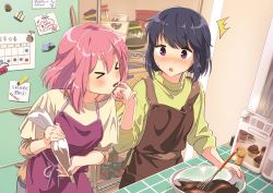 Rule 34 | &gt; &lt;, 2girls, ^^^, alternate hairstyle, apron, bag, blue hair, blush, bowl, can, chocolate, chocolate on hand, closed eyes, commentary, food, food on hand, highres, hotaru iori, indoors, kagamihara nadeshiko, kitchen, licking, licking finger, looking at another, magazine (object), magnet, muffin, multiple girls, open mouth, overalls, pink hair, purple eyes, refrigerator, refrigerator magnet, second-party source, shima rin, shirt, short hair, sticky note, surprised, sweat, whisk, yuri, yurucamp