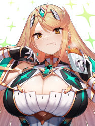 Rule 34 | absurdres, bare shoulders, blonde hair, breasts, chest jewel, cleavage, cleavage cutout, clothing cutout, earrings, gem, gloves, green322, headpiece, highres, jewelry, large breasts, long hair, mythra (xenoblade), solo, swept bangs, tiara, very long hair, white gloves, xenoblade chronicles (series), xenoblade chronicles 2, yellow eyes
