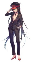 Rule 34 | 1girl, belt, black hair, black hat, black jacket, black pants, breasts, buttons, closed mouth, collarbone, crest, family crest, fate/grand order, fate (series), full body, gloves, grey gloves, hat, high heels, highres, jacket, koha-ace, long hair, long sleeves, looking at viewer, medium breasts, oda nobunaga (fate), oda nobunaga (koha-ace), oda uri, pants, peaked cap, red eyes, red footwear, sidelocks, simple background, solo, tongue, tongue out, very long hair, vivi (eve no hakoniwa), white background