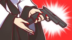 Rule 34 | 1girl, claws, finger on trigger, gun, handgun, highres, imaizumi kagerou, long sleeves, magazine (weapon), majormilk, nail polish, pistol, red background, red nails, touhou, weapon, wide sleeves