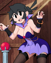 Rule 34 | 1girl, backless dress, backless outfit, black hair, black nails, black thighhighs, bracelet, breasts, cleavage, cowboy shot, dress, earrings, fangs, highres, indoors, jewelry, looking at viewer, medium breasts, nail polish, open mouth, original, purple dress, scott malin, shadow, sleeveless, sleeveless dress, smile, solo, strapless, strapless dress, thighhighs, vampire