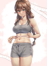 Rule 34 | 1girl, bare arms, bare shoulders, blush, braid, breasts, brown hair, cleavage, closed mouth, collarbone, commentary request, cowboy shot, green eyes, grey shorts, grey sports bra, hair between eyes, highres, kantai collection, kokuzou, large breasts, long hair, looking down, noshiro (kancolle), short shorts, shorts, simple background, solo, sports bra, stomach, tape measure, thighs, twin braids, white background