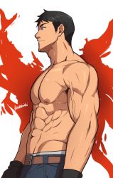 Rule 34 | 1boy, abs, absurdres, bara, belt, black gloves, black hair, black shirt, blue eyes, blue pants, closed mouth, dc comics, gloves, highres, kon-el, kuroshinki, large pectorals, male focus, muscular, muscular male, navel, nipples, pants, pectorals, shirt, short hair, solo, superboy, topless male, veins, veiny arms, young justice