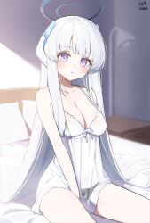 Rule 34 | 1girl, bed, blue archive, breasts, cleavage, closed mouth, collarbone, commentary, dated, dress, halo, headgear, highres, indoors, lamp, long hair, looking at viewer, mechanical halo, medium breasts, myeolchi, noa (blue archive), on bed, pillow, purple eyes, thighs, white dress, white hair