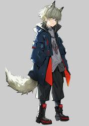 Rule 34 | 1boy, animal ears, aosta (arknights), arknights, black footwear, black shorts, blue coat, boots, closed mouth, coat, green eyes, grey background, hair between eyes, hands in pockets, long sleeves, looking at viewer, male focus, pouch, shirt, shorts, simple background, solo, standing, tail, wolf boy, wolf ears, wolf tail, wumumu