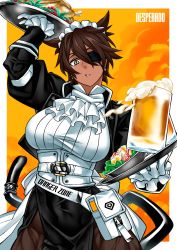 Rule 34 | 1girl, absurdres, alcohol, animal ears, beer, beer mug, breasts, brown hair, cat ears, cat girl, cat tail, chicken (food), copyright name, cowboy shot, cup, dark-skinned female, dark skin, desperado (yotaro), earrings, eyepatch, food, gloves, highres, holding, holding tray, jewelry, large breasts, long sleeves, looking at viewer, maid, maid headdress, mao (yotaro), mug, muscular, muscular female, parted lips, short hair, slit pupils, solo, tail, teeth, tray, yellow eyes, yotaro