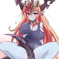 Rule 34 | 1girl, bad id, bad pixiv id, blue one-piece swimsuit, blue skin, blush, breasts, choker, cleavage, colored skin, demon girl, demon horns, demon tail, earrings, gradient background, hera (p&amp;d), horns, huge breasts, jewelry, long hair, mashiro miru, no nose, one-piece swimsuit, orange hair, pointy ears, purple eyes, puzzle &amp; dragons, solo, spread legs, sweat, swimsuit, tail, tail censor, tattoo, tiara, very long hair