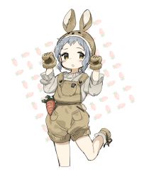 Rule 34 | 1girl, animal ears, animal hat, blush stickers, boots, brown eyes, brown footwear, brown hat, brown mittens, fake animal ears, food background, fur-trimmed mittens, fur trim, grey hair, grey shirt, hands up, hat, highres, idolmaster, idolmaster million live!, long sleeves, looking at viewer, makabe mizuki, mittens, overall shorts, overalls, parted lips, rabbit ears, rabbit hat, shirt, short hair, simple background, solo, spawnfoxy, standing, standing on one leg, white background