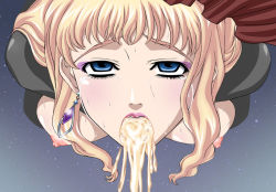 Rule 34 | 1girl, ahegao, blonde hair, blue eyes, breasts, breasts out, crying, crying with eyes open, cum, cum in mouth, earrings, empty eyes, eyelashes, eyeshadow, female focus, half-closed eyes, jewelry, lips, lipstick, looking at viewer, macross, macross frontier, makeup, nipples, open mouth, purple eyeshadow, sheryl nome, tears, vogue