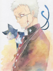 Rule 34 | 1boy, agahari, animal, animal on shoulder, ao no exorcist, beard, cat, facial hair, fujimoto shirou, glasses, grey hair, jewelry, kuro (ao no exorcist), male focus, manly, multiple tails, necklace, red eyes, short hair, solo, tail, traditional media
