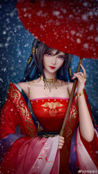 Rule 34 | 1girl, absurdres, black hair, chi lian (qin shi ming yue), chi lian qiju zhu, covering head, dress, hair ornament, highres, jacket, jewelry, long sleeves, looking at viewer, necklace, qinshi mingyue, red dress, red lips, red umbrella, sash, solo, umbrella