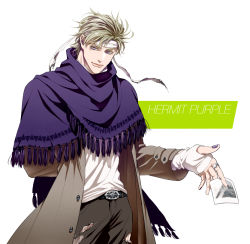 Rule 34 | 1boy, adapted costume, blonde hair, capelet, contemporary, fingerless gloves, fringe trim, gloves, headband, hermit purple, hierophant green, humanization, jewelry, jojo no kimyou na bouken, kobayashi (oksk0x0), long coat, magician&#039;s red, male focus, nail polish, pants, photo (object), platinum blonde hair, purple eyes, purple nails, ring, scarf, shawl, silver chariot, solo, star platinum, stardust crusaders, the world, torn clothes, torn pants, white headband