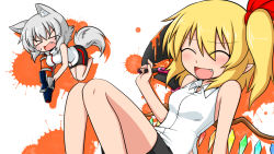 Rule 34 | &gt; &lt;, 2girls, :d, > <, ^ ^, alternate costume, animal ears, bad id, bad nicoseiga id, bare shoulders, blonde hair, blush, breasts, closed eyes, collared shirt, contemporary, crying, d:, dx, closed eyes, fang, flandre scarlet, inubashiri momiji, medium breasts, multiple girls, nintendo, open mouth, paint, pointy ears, shirt, side ponytail, silver hair, simple background, sleeveless, sleeveless shirt, smile, splatoon (series), splatoon 1, sumiya nadateru, tail, tears, touhou, wings, wolf ears, wolf tail