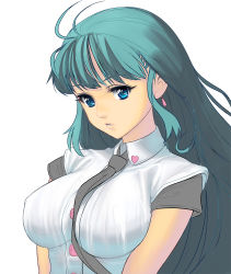 Rule 34 | 1girl, antenna hair, between breasts, blue eyes, breasts, commentary request, covered erect nipples, earrings, green hair, grey necktie, heart, jewelry, kouno (masao), lips, long hair, looking at viewer, medium breasts, necktie, necktie between breasts, original, short sleeves, solo, v arms, white background
