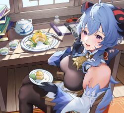Rule 34 | 1girl, absurdres, ahoge, bare shoulders, bell, black gloves, blue hair, blush, book, bow, breasts, cake, cup, detached sleeves, eating, food, fork, ganyu (genshin impact), genshin impact, gloves, highres, horns, indoors, knife, long hair, looking at viewer, medium breasts, mitarashimame, neck bell, open mouth, plate, purple eyes, sidelocks, sitting, smile, solo, table, tea, upper body, white sleeves, window
