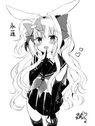 Rule 34 | 1girl, :d, animal ears, blush, bow, elbow gloves, fang, finger to mouth, gloves, greyscale, hair between eyes, hair bow, hair intakes, heart, highres, index finger raised, long hair, looking at viewer, monaka natsume, monochrome, neckerchief, open mouth, original, pleated skirt, rabbit ears, ribbon-trimmed legwear, ribbon trim, sailor collar, school uniform, serafuku, shirt, signature, simple background, skirt, sleeveless, sleeveless shirt, smile, solo, thighhighs, translation request, very long hair, white background