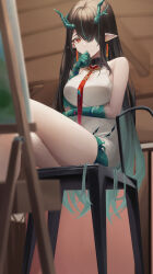 Rule 34 | 1girl, absurdres, arknights, arm tattoo, arm under breasts, bare shoulders, breasts, chair, china dress, chinese clothes, cleavage, cleavage cutout, clothing cutout, colored skin, dragon girl, dragon horns, dress, dusk (arknights), earrings, easel, green skin, hair over one eye, highres, horns, indoors, jewelry, large breasts, mea (hwaksal), multicolored hair, necktie, one eye covered, pointy ears, red eyes, red necktie, sitting, sleeveless, sleeveless dress, solo, streaked hair, tassel, tassel earrings, tattoo, thighs, white dress