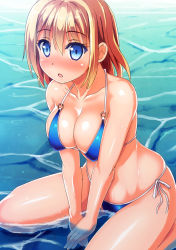 Rule 34 | 1girl, :o, bad id, bad pixiv id, bare arms, bare legs, bare shoulders, between legs, bikini, blonde hair, blue bikini, blue eyes, blush, breasts, cleavage, collarbone, colored eyelashes, covered erect nipples, eyebrows, eyelashes, hand between legs, higa, large breasts, looking afar, open mouth, original, own hands together, ribbon, shiny skin, short hair, side-tie bikini bottom, sitting, solo, stomach, swimsuit, wariza, water, white ribbon