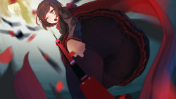 Rule 34 | 1girl, absurdres, ass, black dress, black hair, cape, dress, from behind, from below, gradient hair, grey eyes, highres, hood, looking at viewer, looking down, mmmmmkun, multicolored hair, one eye closed, open mouth, pantyhose, red hair, ruby rose, rwby, scythe, short hair, skirt, solo, upskirt, weapon, wince