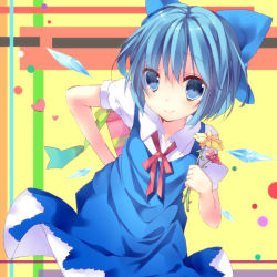 Rule 34 | 1girl, blue eyes, blue hair, blush, bow, cirno, detached wings, flower, hair bow, heart, ice, ice wings, matching hair/eyes, short hair, short sleeves, smile, solo, sushimekabu, touhou, wings