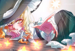 Rule 34 | 1girl, black hat, black skirt, blonde hair, blush, bow, braid, closed mouth, collared shirt, commentary request, covering own mouth, covering privates, cowboy shot, frilled skirt, frills, glowing, hair bow, hand up, hat, hisuipechika, kirisame marisa, looking at viewer, lying, miniskirt, multicolored eyes, pointing, shirt, single braid, skirt, solo, star (symbol), suspenders, touhou, wavy hair, white bow, white shirt, witch, witch hat, yellow eyes