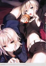 Rule 34 | 2girls, absurdres, ahoge, armpits, artoria pendragon (all), artoria pendragon (fate), belt, black dress, black shorts, blonde hair, breasts, burger, camisole, cup, dress, eating, fate/grand order, fate (series), food, head rest, highres, jacket, jeanne d&#039;arc (fate), jeanne d&#039;arc alter (fate), jeanne d&#039;arc alter (ver. shinjuku 1999) (fate), jewelry, long hair, long sleeves, looking at viewer, lying, midriff, mug, multiple girls, navel, necklace, official alternate costume, on stomach, open mouth, saber alter, saber alter (ver. shinjuku 1999) (fate), scan, short dress, shorts, simple background, small breasts, smile, stomach, toosaka asagi, wicked dragon witch ver. shinjuku 1999, yellow eyes