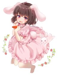 Rule 34 | 1girl, :d, :x, animal ears, artist name, barefoot, black hair, blush, bunnyjiry (jirynyang), carrot necklace, daisy, flower, food, fruit, hand on own cheek, hand on own face, highres, holding, holding jewelry, holding necklace, inaba tewi, jewelry, knees together feet apart, looking at viewer, necklace, open mouth, pink shirt, pink skirt, plant, puffy short sleeves, puffy sleeves, rabbit, rabbit ears, rabbit girl, rabbit tail, red eyes, shirt, short sleeves, simple background, skirt, smile, solid circle eyes, solo, strawberry, tail, touhou, vines, white background