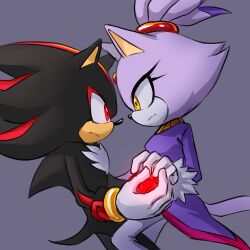 Rule 34 | 1boy, 1girl, animal ears, black fur, blaze the cat, cat ears, cat girl, cat tail, chaos emerald, di-dash, forehead jewel, fur-trimmed gloves, fur trim, furry, furry female, furry male, gloves, gold necklace, highres, jacket, jewelry, necklace, ponytail, purple fur, purple jacket, red eyes, serious, shadow the hedgehog, simple background, sonic (series), tail, white gloves, yellow eyes