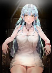 Rule 34 | 1girl, bad id, bad twitter id, bangle, blue nails, blunt bangs, blush, bracelet, breasts, chair, cleavage, collarbone, elbow rest, facial mark, girls&#039; frontline, green eyes, hair ornament, highres, hk416 (girls&#039; frontline), ihobus, jewelry, large breasts, long hair, looking at viewer, nail polish, naked towel, open mouth, silver hair, sitting, solo, sparkle, teardrop, towel, very long hair, wet