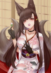 Rule 34 | 1girl, absurdres, akagi (azur lane), akagi (precipice of sweetness) (azur lane), animal ears, azur lane, black choker, black gloves, blush, breasts, brown hair, choker, cleavage, commentary request, dango, floral print, flower, food, food in mouth, fox ears, fox girl, fox tail, gloves, hair ornament, hairclip, hand on own chest, hands up, highres, ichikushi mojibake, japanese clothes, kimono, kitsune, large breasts, long hair, looking at viewer, mouth hold, multiple tails, orange eyes, pink flower, pink kimono, print kimono, red eyes, sash, sharing food, sitting, slit pupils, solo, tail, very long hair, wagashi, x hair ornament