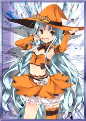 Rule 34 | 00s, 1girl, aliasse, armpits, asymmetrical legwear, blue hair, breasts, brown eyes, candy, cleavage, crop top, detached sleeves, food, hand on headwear, hat, lollipop, long hair, looking at viewer, lowres, midriff, open mouth, orange hat, orange thighhighs, pumpkin, refeia, senjou no valkyria, senjou no valkyria (series), senjou no valkyria 2, shorts, shorts under skirt, small breasts, solo, strapless, thighhighs, uneven legwear, white shorts, witch hat