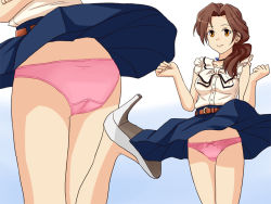 Rule 34 | 1girl, ass, belt, black choker, blue skirt, bow, bow panties, brown belt, brown eyes, brown hair, choker, closed mouth, clothes lift, commentary request, commission, crotch seam, frilled shirt, frills, hair over shoulder, high-waist skirt, high heels, idolmaster, idolmaster cinderella girls, kawashima mizuki, leg up, lielos, looking at viewer, low ponytail, medium hair, miniskirt, multiple views, panties, pantyshot, parted bangs, partial commentary, pink panties, pixiv commission, shirt, skirt, skirt lift, sleeveless, sleeveless shirt, smile, standing, standing on one leg, underwear, w arms, white footwear, wind, wind lift