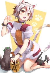 Rule 34 | 1girl, :3, :d, animal, animal ears, apron, barefoot, bell, black cat, blush, cat, cat ears, cat tail, chen, chen (cat), coin, dress, fang, goutokuji mike, highres, jewelry, kaenbyou rin, kaenbyou rin (cat), looking at viewer, mumyuu, neck bell, nekomata, open mouth, paw pose, short sleeves, sitting, smile, solo, tail, touhou