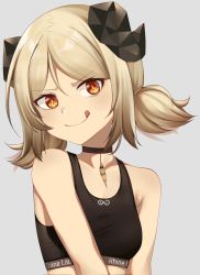 Rule 34 | 1girl, :q, arknights, bare shoulders, black choker, blonde hair, breasts, choker, commentary, crop top, grey background, head tilt, highres, horns, ifrit (arknights), looking at viewer, low twintails, orange eyes, rei (riyanrei3), short hair, simple background, small breasts, smile, solo, sports bra, tongue, tongue out, twintails, upper body