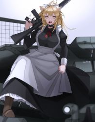 Rule 34 | 1girl, alternate costume, animal ears, apron, ar-15, arknights, assault rifle, bad id, bad twitter id, black choker, black nails, blonde hair, blush, boots, breasts, brown footwear, candy, choker, commentary, dress, eyelashes, food, food in mouth, frills, gun, hair between eyes, hairband, highres, iuciferic, large breasts, lion ears, lollipop, long dress, long hair, long sleeves, maid, maid apron, maid headdress, nail polish, open mouth, red neckwear, rifle, siege (arknights), solo, studded choker, tank top, twitter username, victorian maid, weapon, yellow eyes