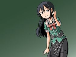 Rule 34 | 1girl, alternate breast size, black hair, bow, bowtie, chikuma (kancolle), flat chest, gradient background, green background, hair between eyes, kantai collection, pantyhose, pelvic curtain, puffy short sleeves, puffy sleeves, short sleeves, sixten, solo