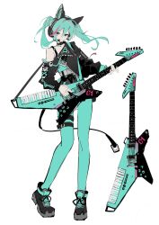 Rule 34 | 1girl, alternate costume, animal ear headphones, animal ears, aqua eyes, aqua leggings, asymmetrical jacket, baggy clothes, belt, black choker, black footwear, black jacket, black skirt, cat ear headphones, choker, collarbone, colored skin, contrapposto, electric guitar, expressionless, fake animal ears, grey belt, grey skin, guitar, half-closed eyes, hatsune miku, head tilt, headphones, headset, highres, holding, holding guitar, holding instrument, instrument, jacket, jiu ye sang, keytar, leggings, long hair, looking at viewer, miniskirt, multicolored hair, music, open clothes, open jacket, pale skin, playing instrument, serious, shoes, single bare shoulder, skirt, sneakers, solo, streaked hair, twintails, vocaloid, white background, zipper, zipper pull tab