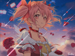 Rule 34 | 1girl, blue sky, bright pupils, center frills, choker, cloud, cloudy sky, collarbone, dot nose, flat chest, floating hair, flower, frilled sleeves, frills, gloves, gradient sky, hair ribbon, highres, holding, holding flower, kaname madoka, light particles, light smile, looking afar, mahou shoujo madoka magica, mahou shoujo madoka magica (anime), meteor shower, outdoors, parted lips, petals, pink eyes, pink hair, pink ribbon, pink sky, puffy short sleeves, puffy sleeves, purple sky, red choker, red flower, red ribbon, red rose, ribbon, ribbon choker, rose, rose petals, ruibluesky, short sleeves, short twintails, sky, solo, soul gem, sparkle, sun, sunlight, sunset, tareme, transparent wings, twintails, upper body, white gloves, white pupils, wings