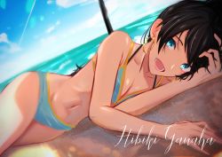 Rule 34 | 1girl, :d, beach, bikini, black hair, blue bikini, blue eyes, breasts, character name, cleavage, collarbone, day, dutch angle, earrings, ganaha hibiki, highres, idolmaster, idolmaster (classic), jewelry, long hair, looking at viewer, lying, ocean, on side, oone0206, open mouth, outdoors, small breasts, smile, solo, striped bikini, striped clothes, swimsuit