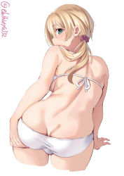 Rule 34 | 1girl, aqua eyes, ass, back, bikini, blonde hair, blush, breasts, butt crack, cropped legs, duplicate, ebifurya, from behind, hair between eyes, halterneck, hand on own ass, highres, kantai collection, large breasts, long hair, looking at viewer, looking back, low twintails, one-hour drawing challenge, parted lips, prinz eugen (kancolle), simple background, solo, swimsuit, twintails, twitter username, white background, white bikini