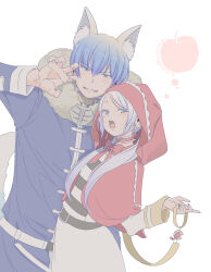Rule 34 | 1boy, 1girl, absurdres, adapted costume, animal ear fluff, animal ears, apple, belt, big bad wolf, big bad wolf (cosplay), blue coat, blue eyes, blue hair, blue nails, bow, bowtie, capelet, choker, claw pose, coat, collar, cosplay, crescent, crescent earrings, earrings, elf, fake animal ears, fake tail, food, frieren, fruit, fur-trimmed coat, fur trim, grey hair, hair between eyes, hair over shoulder, hand up, highres, himmel (sousou no frieren), holding, holding leash, hood, hood up, hooded capelet, jewelry, leash, little red riding hood (grimm), little red riding hood (grimm) (cosplay), long hair, long sleeves, mole, mole under eye, nail polish, open mouth, parted bangs, pointy ears, red bow, red bowtie, red capelet, red hood, sachinyopo, shirt, short hair, simple background, skirt, sousou no frieren, striped clothes, striped shirt, tail, twintails, upper body, white background, white skirt, wolf ears, wolf tail