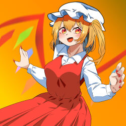 Rule 34 | 1girl, :d, blonde hair, blush, breasts, collared shirt, commentary request, cowboy shot, crystal, dress, fangs, fingernails, flandre scarlet, hair between eyes, hat, highres, long hair, looking at viewer, medium breasts, mob cap, open mouth, orange background, orange eyes, pinafore dress, red dress, red nails, rinyamame, sharp fingernails, shirt, sleeveless, sleeveless dress, slit pupils, smile, solo, tongue, touhou, white hat, white shirt, wings