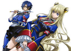 Rule 34 | 1boy, 1girl, absurdres, black footwear, black necktie, blonde hair, blue eyes, blue hair, book, boots, braid, code geass, code geass: boukoku no akito, highres, holding, holding book, holding sword, holding weapon, hyuuga akito, leila malcal, long hair, looking at viewer, necktie, official art, simple background, sword, thigh boots, thighhighs, uniform, weapon, white background